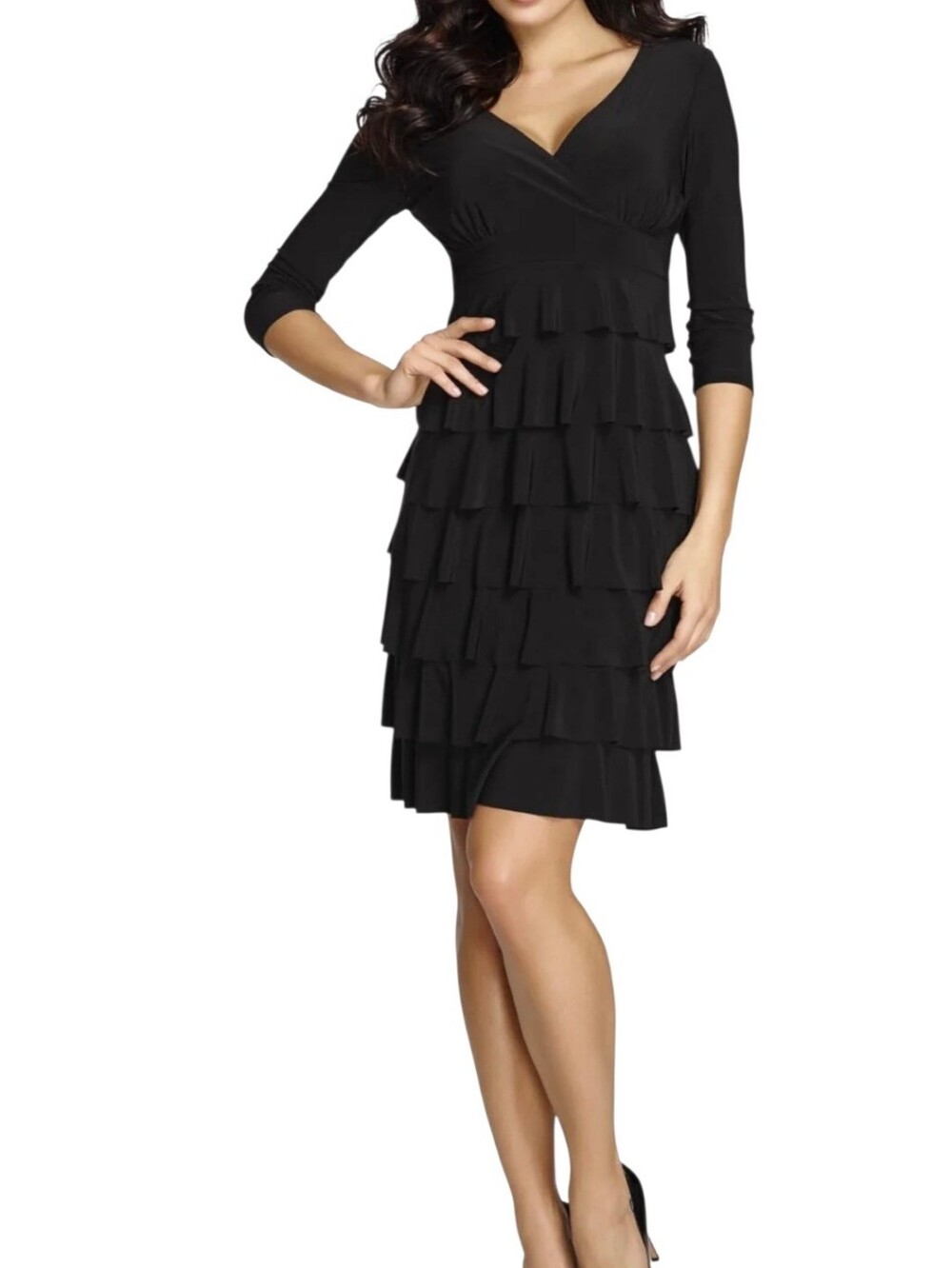 Frank Lyman Classic Black Tiered Ruffle Knee-Length Dress, Size 8